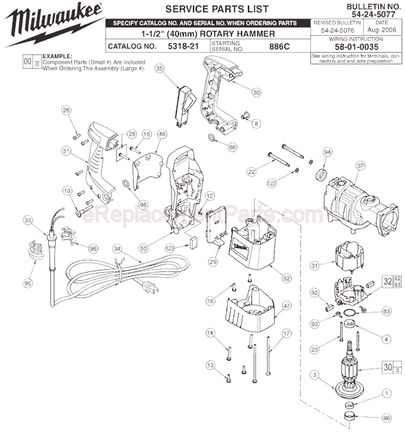 Page A Diagram and Parts List for 5318-21 SER 886C Milwaukee Demolition Hammer