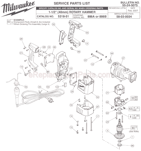 Page A Diagram and Parts List for 5318-51 SER 886A Milwaukee Demolition Hammer