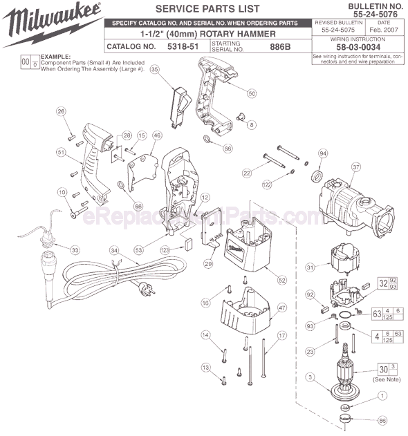 Page A Diagram and Parts List for 5318-51 SER 886B Milwaukee Demolition Hammer