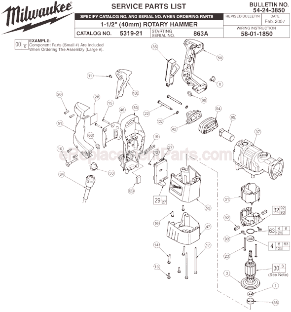 Page A Diagram and Parts List for 5319-21 SER 863A Milwaukee Demolition Hammer