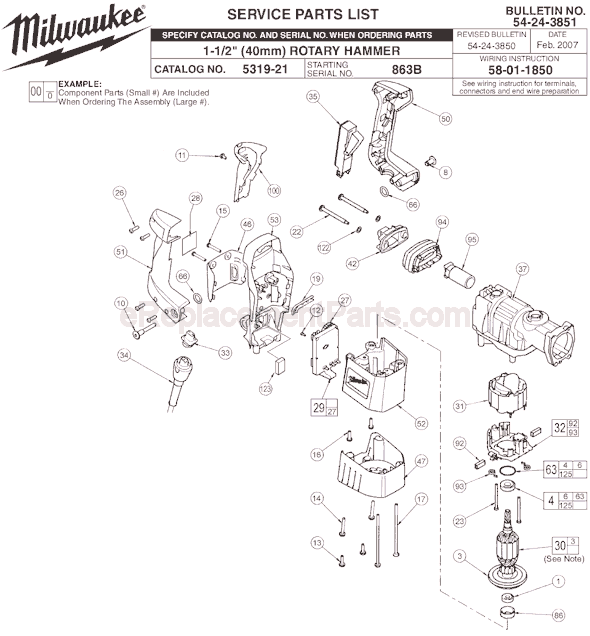Page A Diagram and Parts List for 5319-21 SER 863B Milwaukee Demolition Hammer