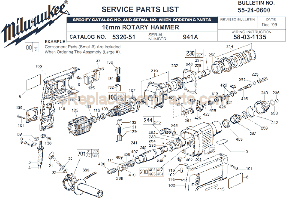 Page A Diagram and Parts List for 5320-51 SER 941A Milwaukee Demolition Hammer