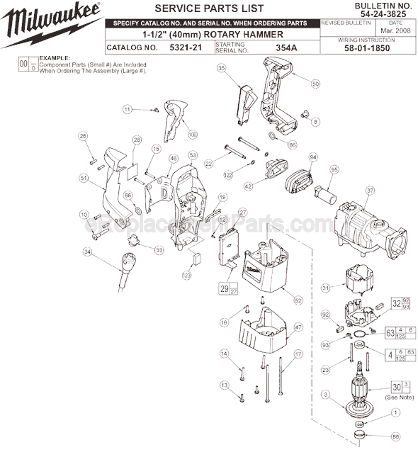 Page A Diagram and Parts List for 5321-21 SER 354A Milwaukee Demolition Hammer