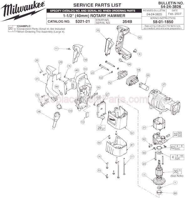 Page A Diagram and Parts List for 5321-21 SER 354B Milwaukee Demolition Hammer