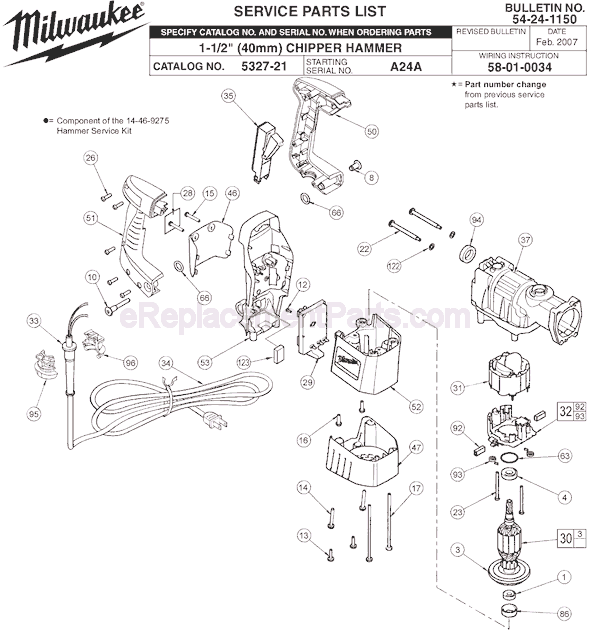 Page A Diagram and Parts List for 5327-21 SER A24A Milwaukee Demolition Hammer