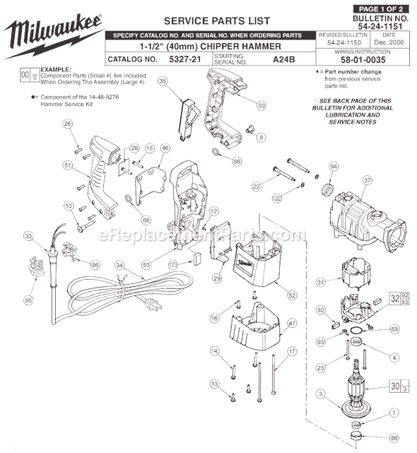 Page A Diagram and Parts List for 5327-21 SER A24B Milwaukee Demolition Hammer