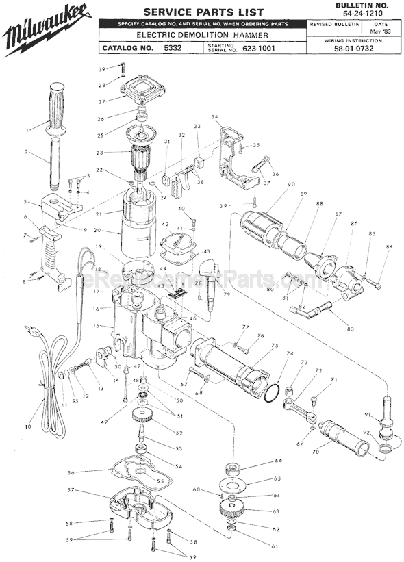 Page A Diagram and Parts List for 5332 SER 623-1001 Milwaukee Demolition Hammer