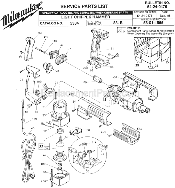 Page A Diagram and Parts List for 5334 SER 881B Milwaukee Demolition Hammer