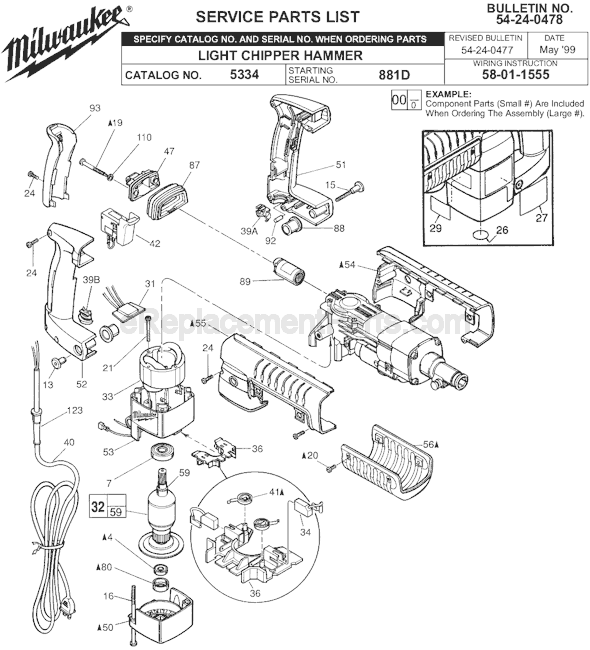 Page A Diagram and Parts List for 5334 SER 881D Milwaukee Demolition Hammer