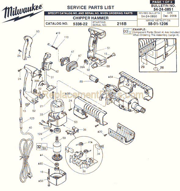 Page A Diagram and Parts List for 5336-22 SER 216B Milwaukee Demolition Hammer