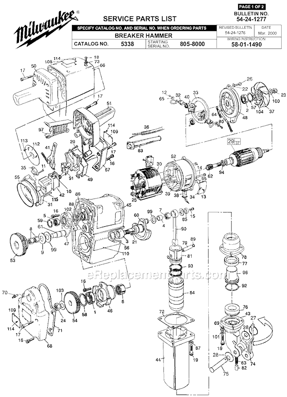 Page A Diagram and Parts List for 5338 SER 805-8000 Milwaukee Demolition Hammer