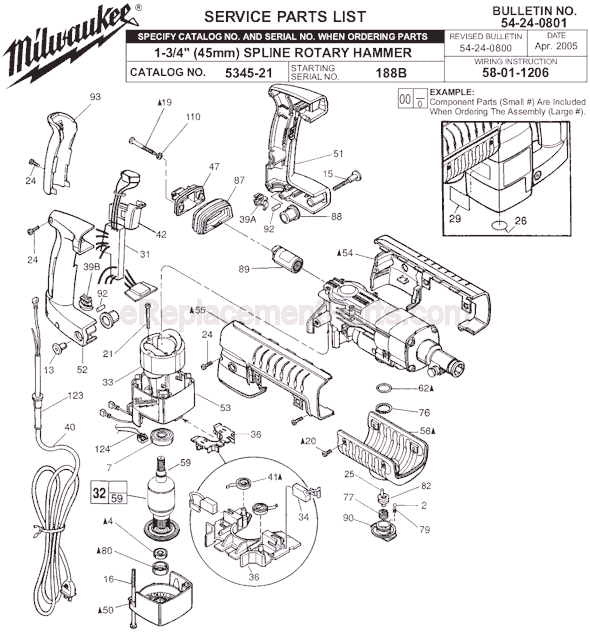 Page A Diagram and Parts List for 5345-21 SER 188B Milwaukee Demolition Hammer