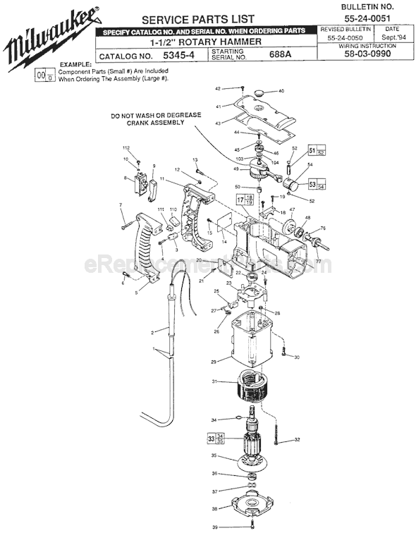 Page A Diagram and Parts List for 5345-4 SER 688A Milwaukee Demolition Hammer