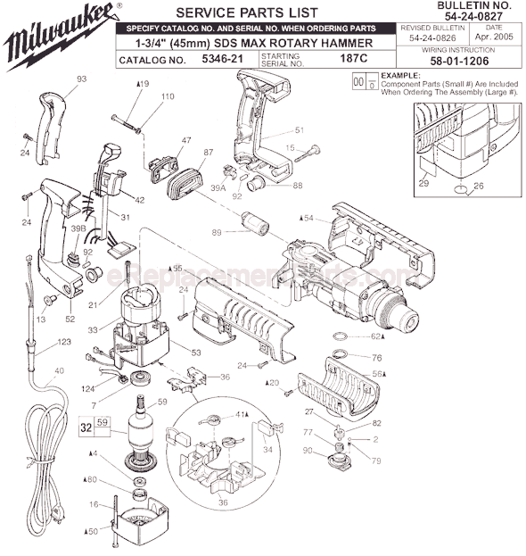 Page A Diagram and Parts List for 5346-21 SER 187C Milwaukee Demolition Hammer