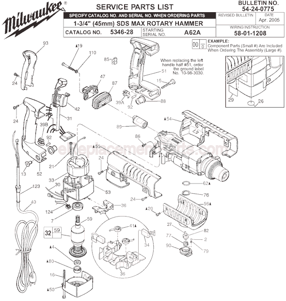 Page A Diagram and Parts List for 5346-28 SER A62A Milwaukee Demolition Hammer