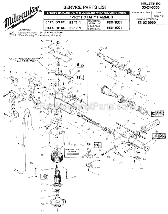 Page A Diagram and Parts List for 5347-4 SER 688-1001 Milwaukee Demolition Hammer