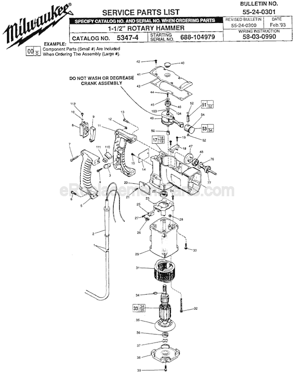 Page A Diagram and Parts List for 5347-4 SER 688-104979 Milwaukee Demolition Hammer