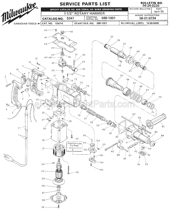Page A Diagram and Parts List for 5347 SER 688-1001 Milwaukee Demolition Hammer