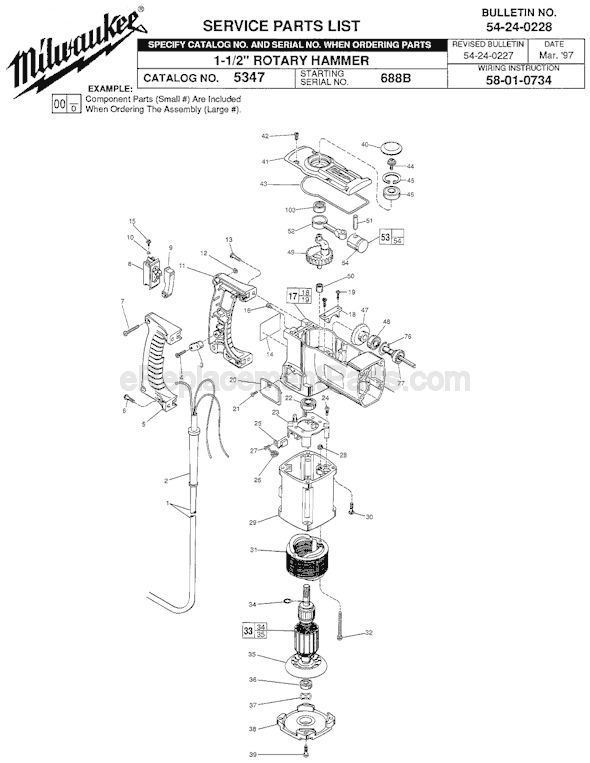 Page A Diagram and Parts List for 5347 SER 688B Milwaukee Demolition Hammer