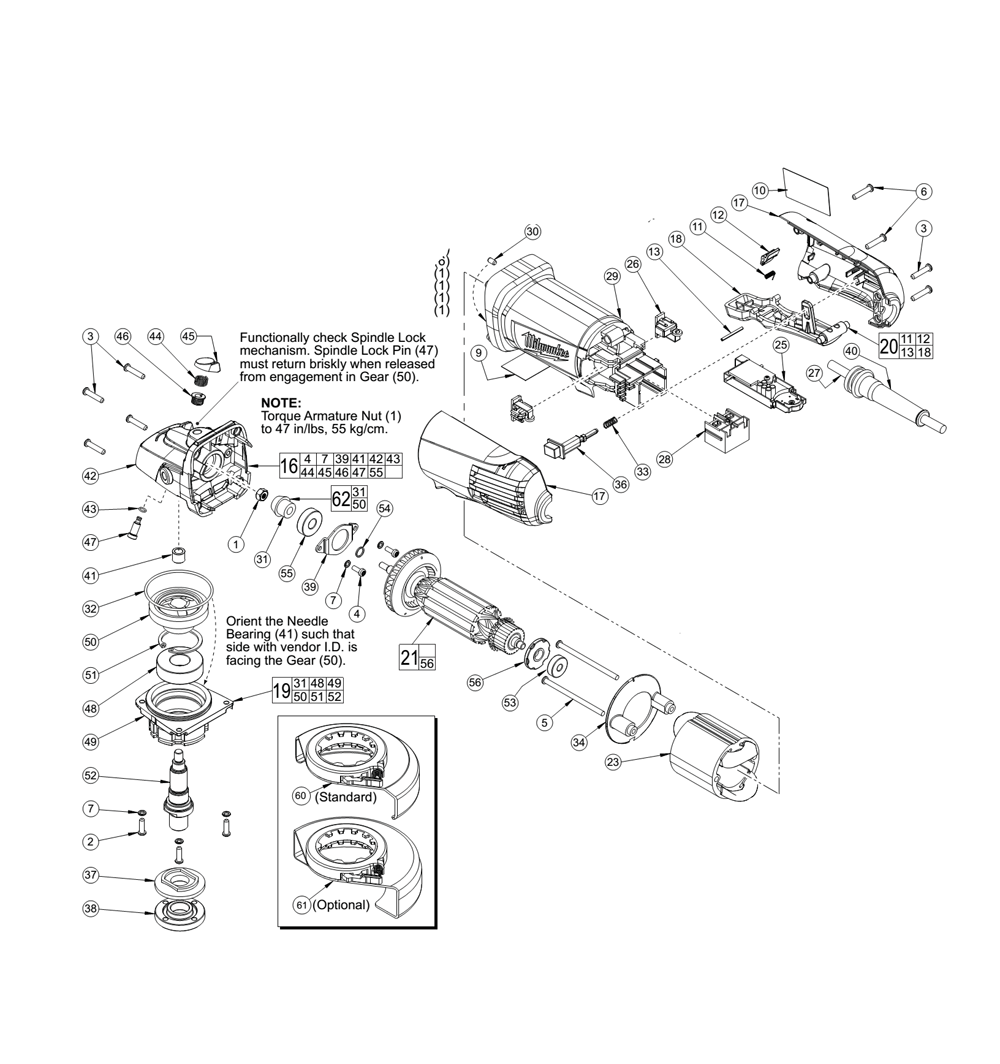 Fig-0 Diagram and Parts List for 6116-30 B62C Milwaukee Angle Grinder