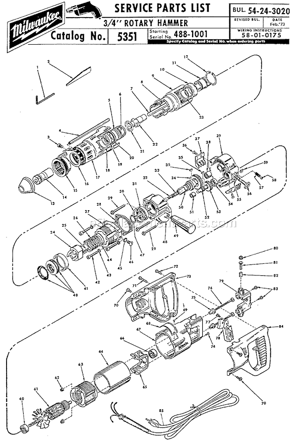 Page A Diagram and Parts List for 5351 SER 488-1001 Milwaukee Demolition Hammer
