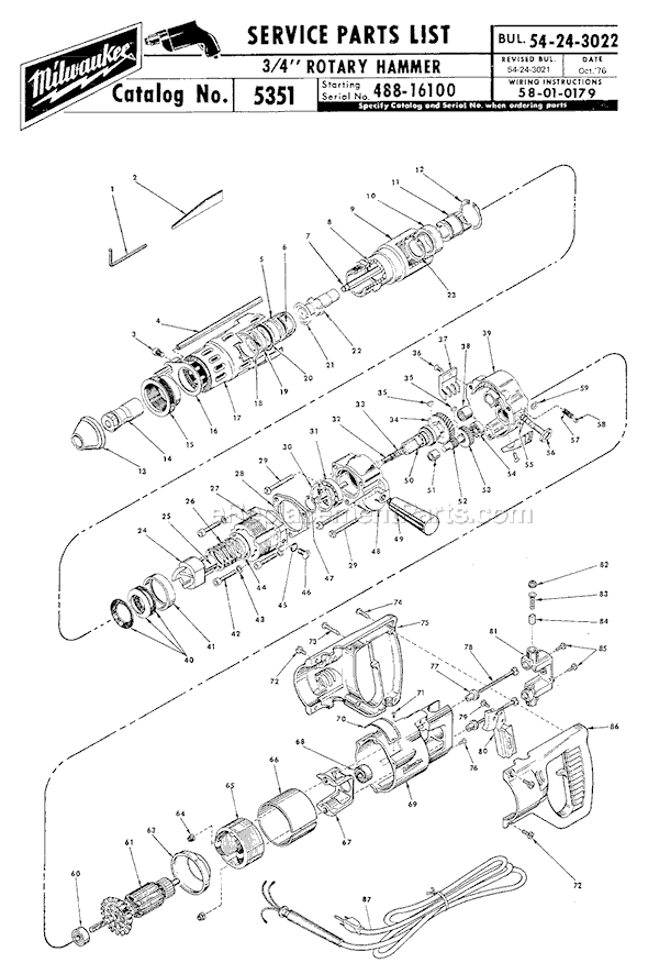 Page A Diagram and Parts List for 5351 SER 488-16100 Milwaukee Demolition Hammer