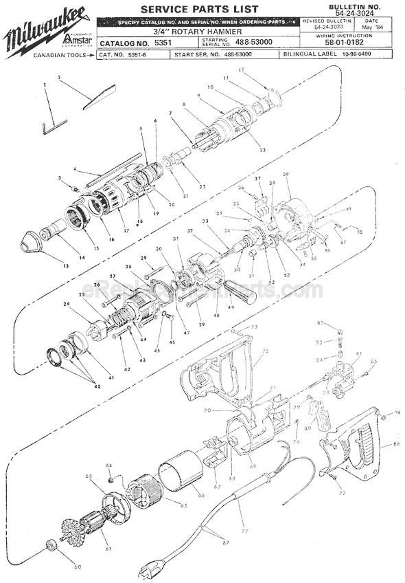 Page A Diagram and Parts List for 5351 SER 488-53000 Milwaukee Demolition Hammer