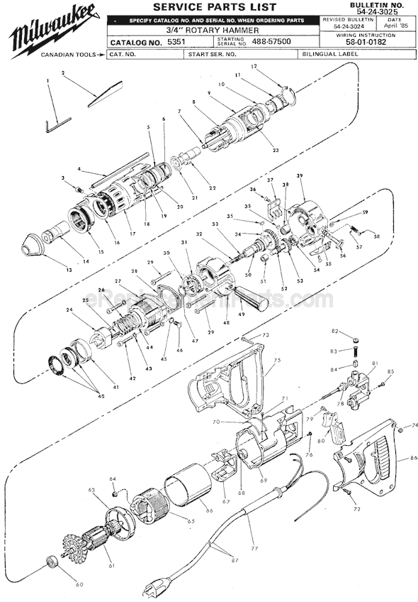 Page A Diagram and Parts List for 5351 SER 488-57500 Milwaukee Demolition Hammer
