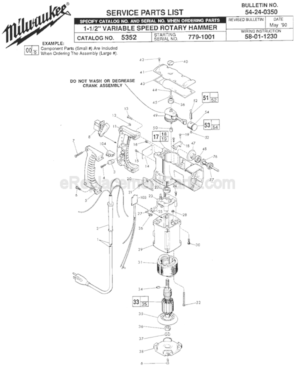 Page A Diagram and Parts List for 5352 SER 779-1001 Milwaukee Demolition Hammer