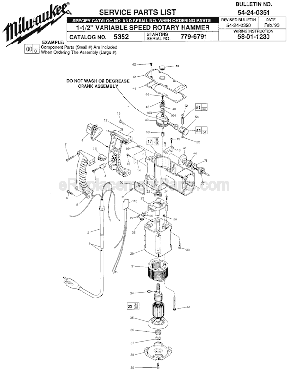 Page A Diagram and Parts List for 5352 SER 779-6791 Milwaukee Demolition Hammer