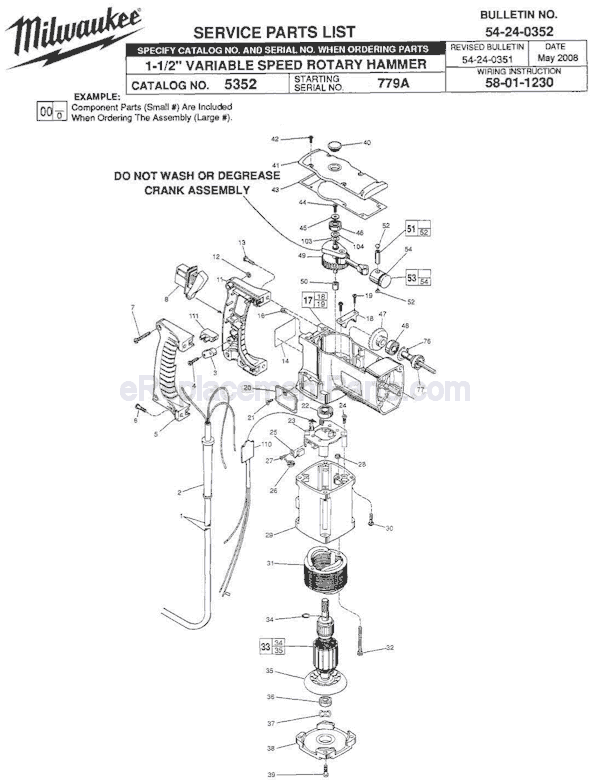 Page A Diagram and Parts List for 5352 SER 779A Milwaukee Demolition Hammer