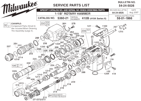 Page A Diagram and Parts List for 5360-21 SER 410B Milwaukee Demolition Hammer