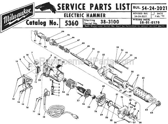 Page A Diagram and Parts List for 5360 SER 38-3100 Milwaukee Demolition Hammer