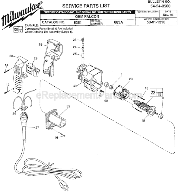 Page A Diagram and Parts List for 5361 SER OEM 883A Milwaukee Demolition Hammer