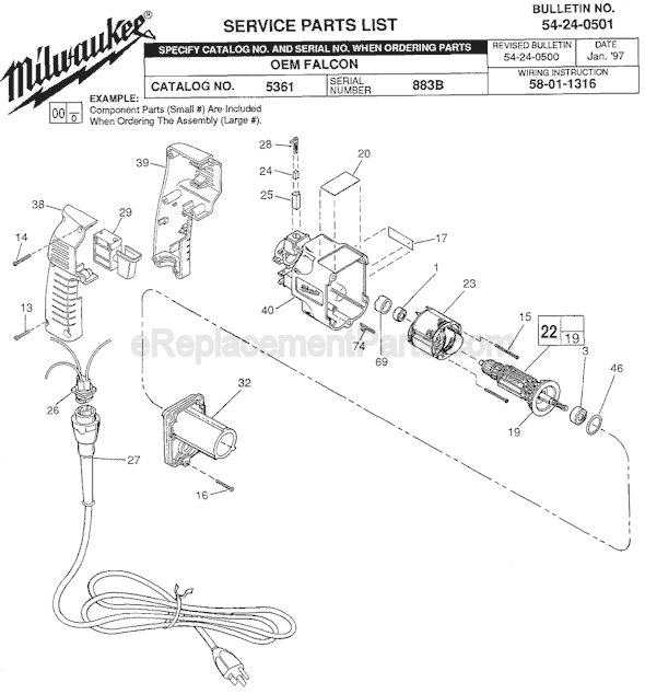 Page A Diagram and Parts List for 5361 SER OEM 883B Milwaukee Demolition Hammer