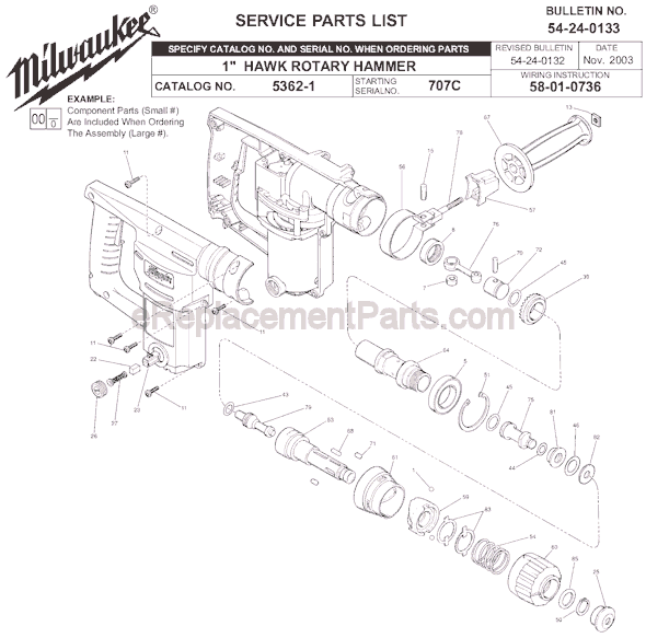 Page A Diagram and Parts List for 5362-1 SER 707C Milwaukee Demolition Hammer