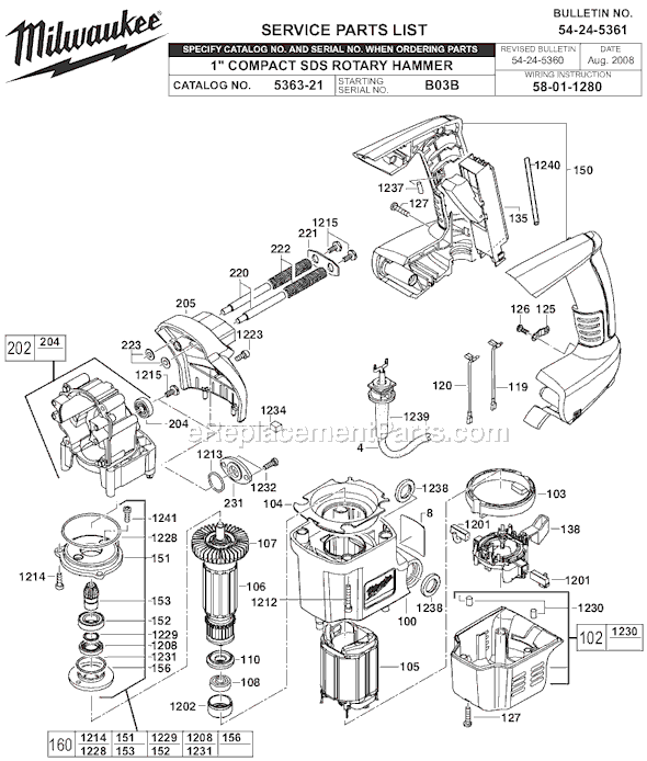 Page A Diagram and Parts List for 5363-21 SER B03B Milwaukee Demolition Hammer
