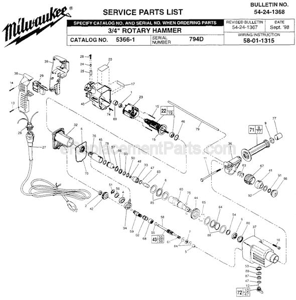Page A Diagram and Parts List for 5366-1 SER 794D Milwaukee Demolition Hammer