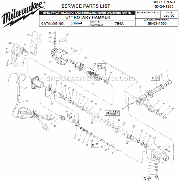 Page A Diagram and Parts List for 5366-4 SER 794A Milwaukee Demolition Hammer