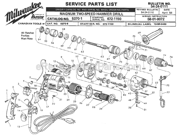 Page A Diagram and Parts List for 5370-1 SER 672-1150 Milwaukee Demolition Hammer
