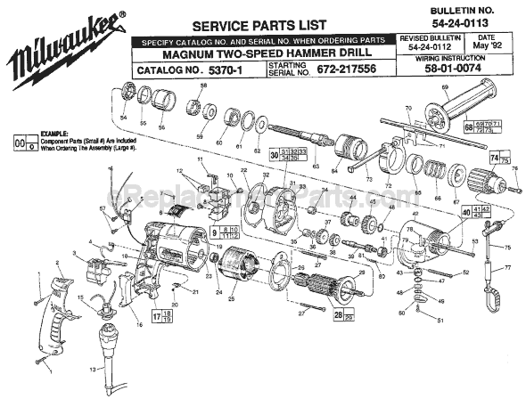 Page A Diagram and Parts List for 5370-1 SER 672-217556 Milwaukee Hammer Drill