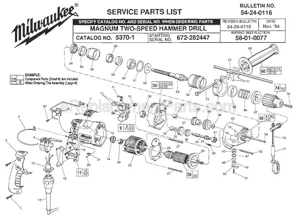 Page A Diagram and Parts List for 5370-1 SER 672-282447 Milwaukee Hammer Drill