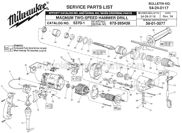 Page A Diagram and Parts List for 5370-1 SER 672-285438 Milwaukee Hammer Drill