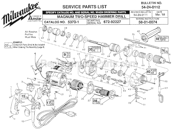 Page A Diagram and Parts List for 5370-1 SER 672-92227 Milwaukee Hammer Drill