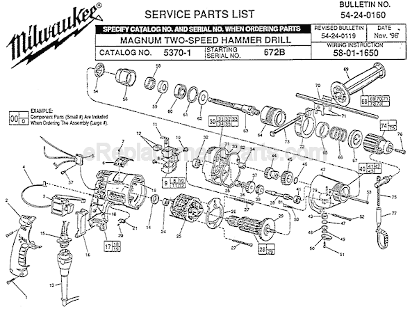 Page A Diagram and Parts List for 5370-1 SER 672B Milwaukee Hammer Drill
