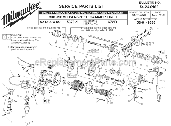 Page A Diagram and Parts List for 5370-1 SER 672D Milwaukee Hammer Drill