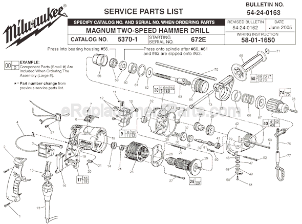 Page A Diagram and Parts List for 5370-1 SER 672E Milwaukee Hammer Drill