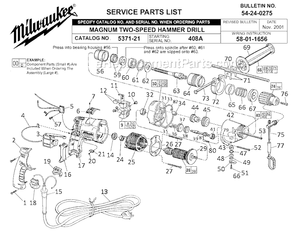 Page A Diagram and Parts List for 5371-21 SER 408A Milwaukee Hammer Drill