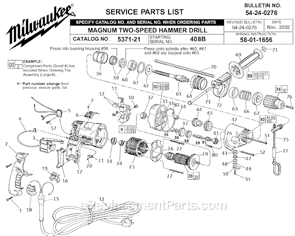 Page A Diagram and Parts List for 5371-21 SER 408B Milwaukee Hammer Drill