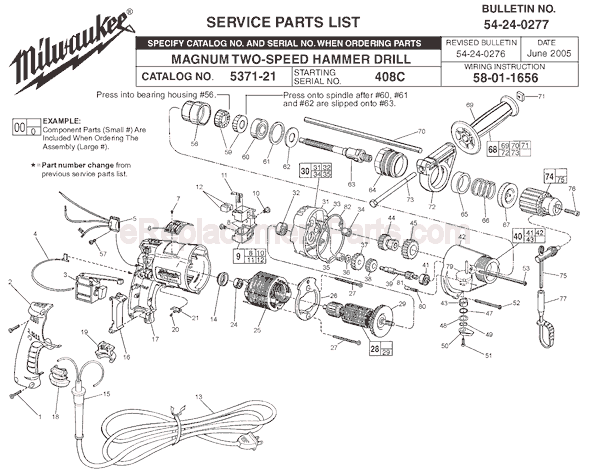 Page A Diagram and Parts List for 5371-21 SER 408C Milwaukee Hammer Drill